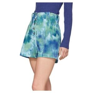 New 3.1 Philip Lim High Rise Denim Shorts Blue Green Tie Dye Button Front Size 4